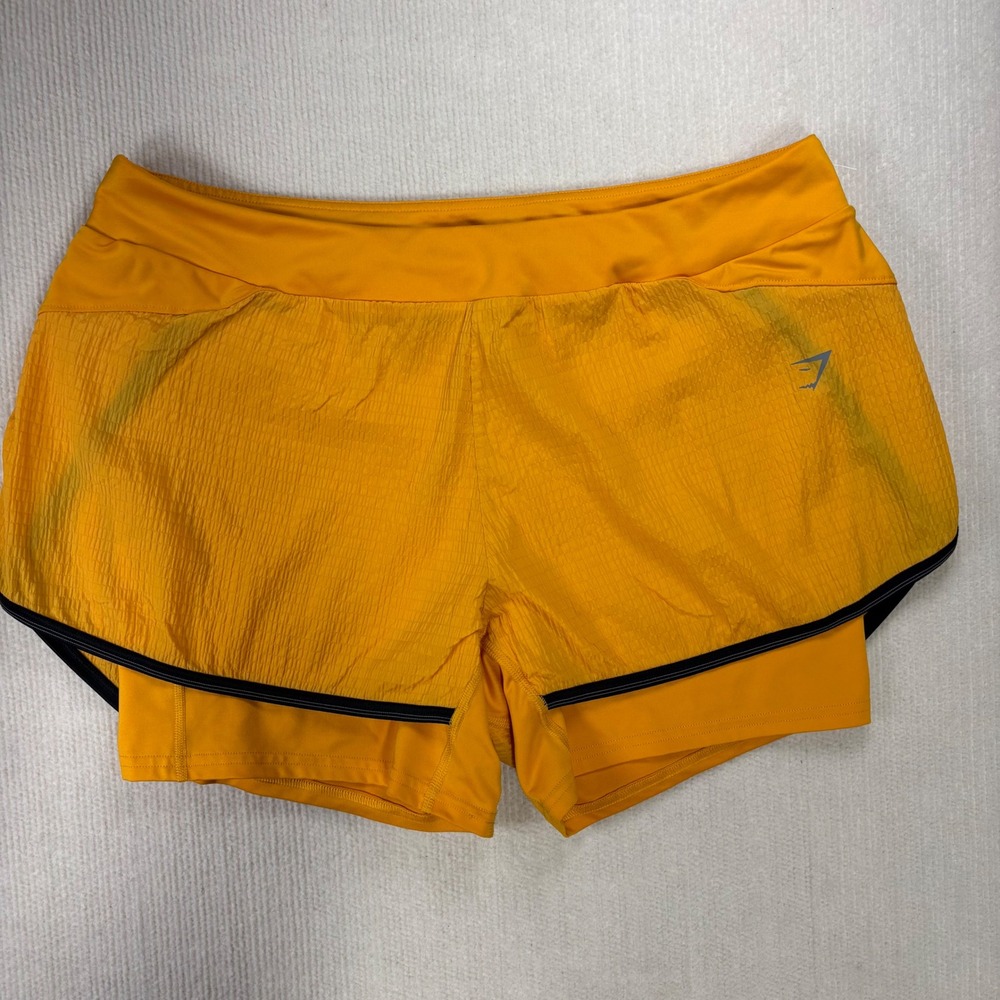 Gymshark Womens XL 2 in 1 Running Shorts Yellow Built in‎ Liner Pocket B2A5H